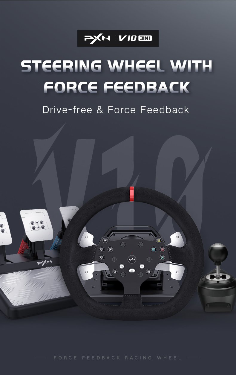 PXN Force Feedback PC Racing Wheel， 270/900 Degree V10 Driving