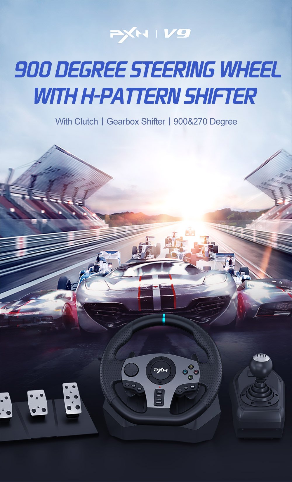 PXN V9 Steering Wheel, Pedals, + Shifter Gaming Racing PC, Xbox,  Playstation UK